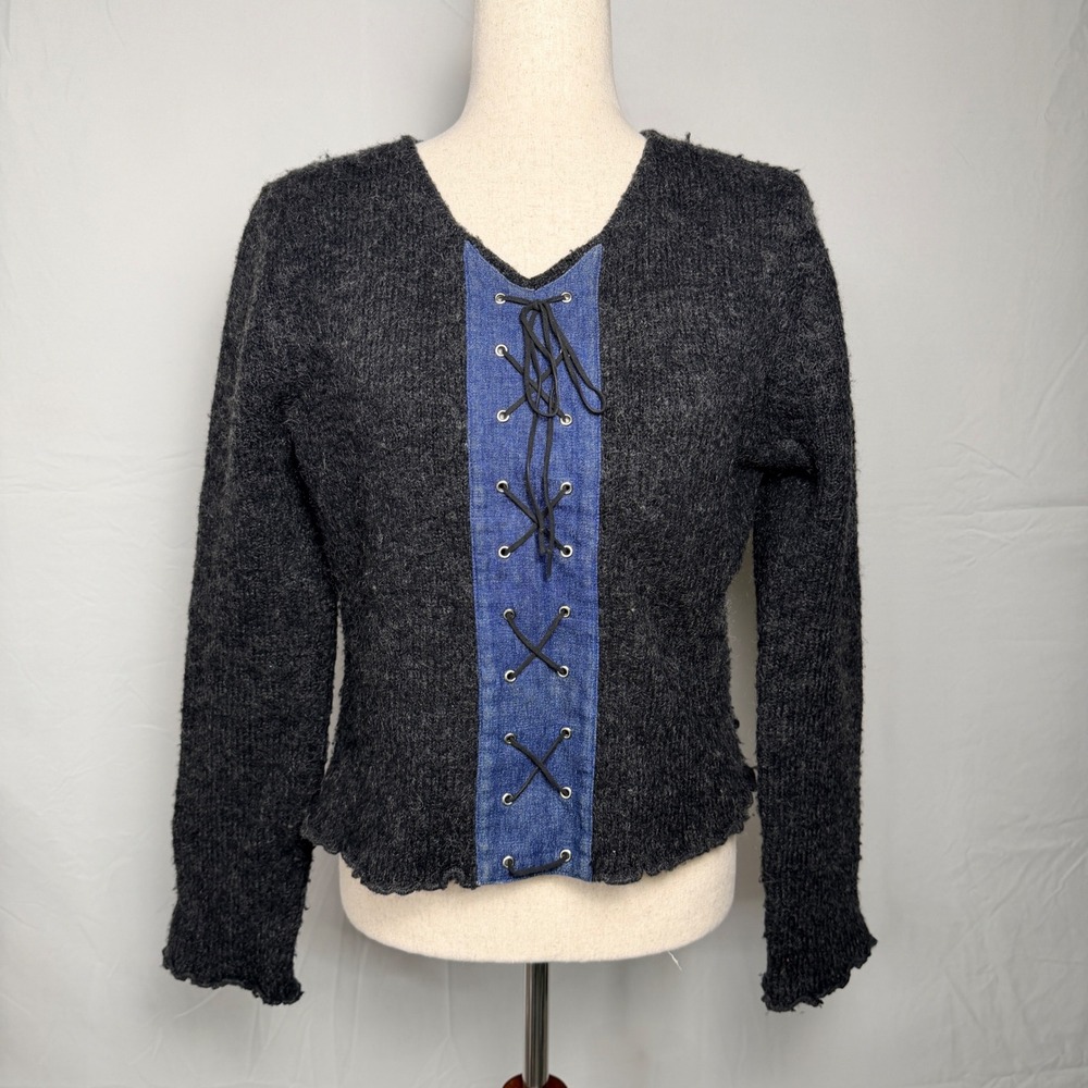 Vintage Star Moon Sun Mohair Blend Lace Up Denim Panel Sweater Gray Large Y2K